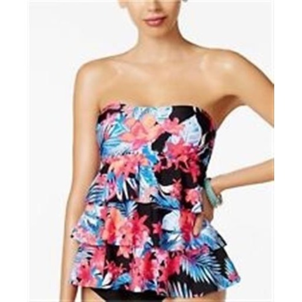NWT Island Escape 6 Strapless Palm-Print Tiered Tankini Top #86795
